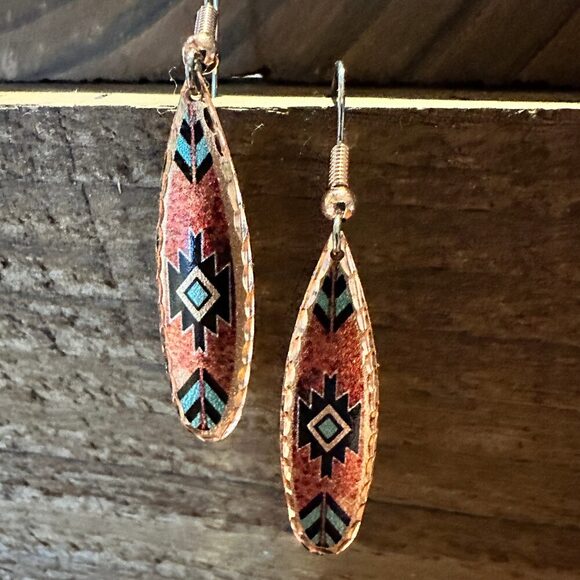 Boho Native American Navajo Red and Turquoise Copper Earrings, gift Box - Picture 3 of 8